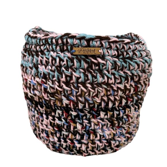 Basket with Handles Crochet Handmade One of a Kind Scrap Yarn Basket Brand New - Picture 5 of 5